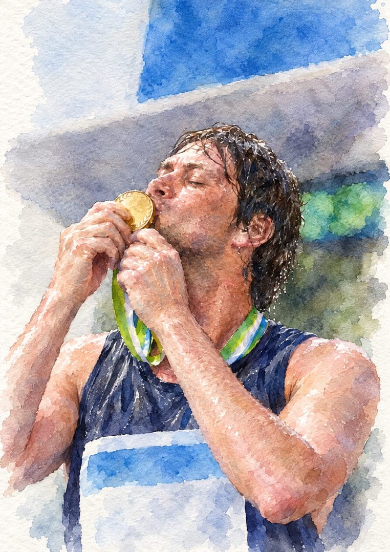 A marathon finisher kissing their medal, repainted in watercolour