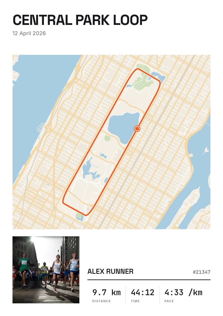 Sample race poster in the Map + panel layout: a Central Park course on the street map