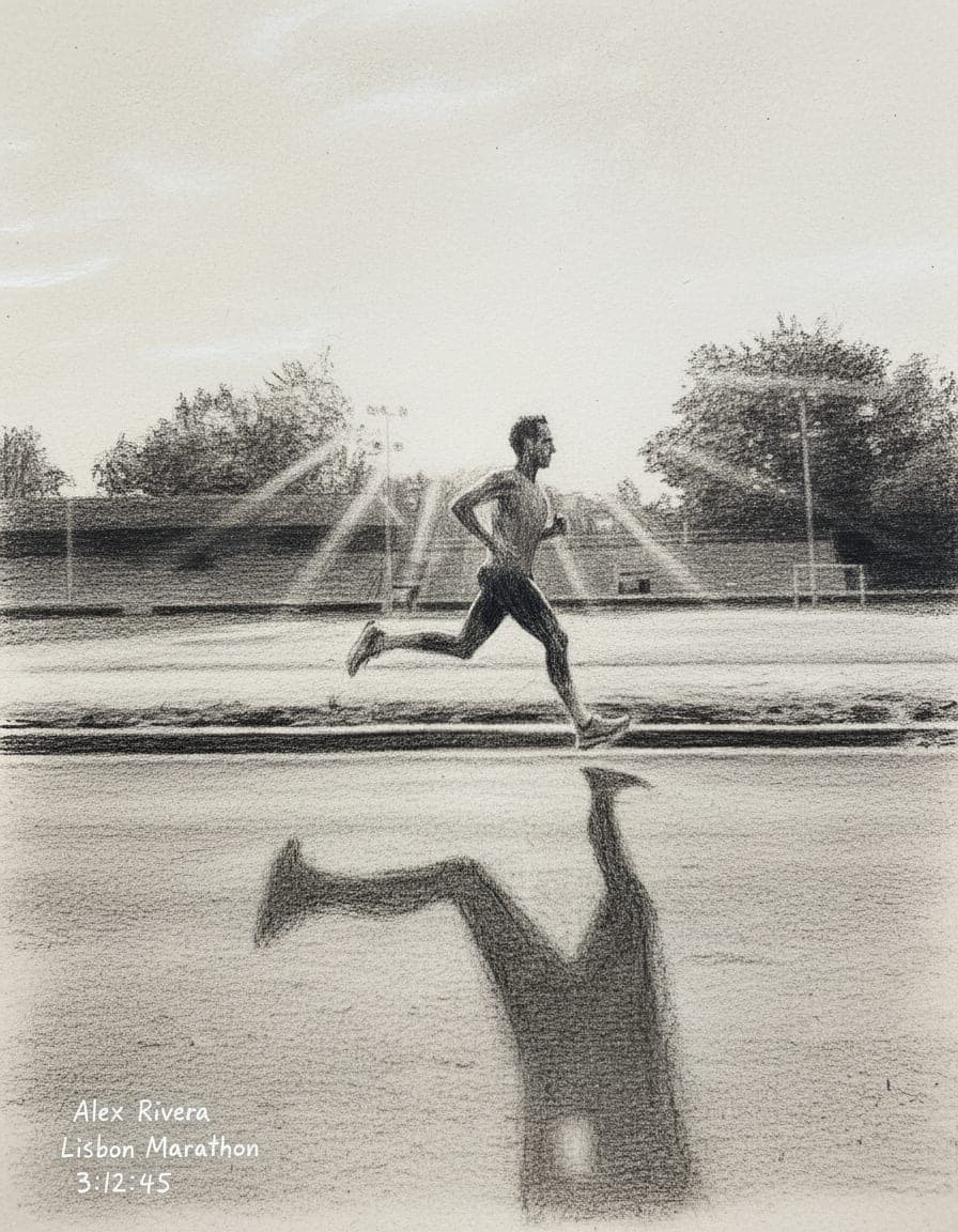 The same sample photo of a runner on a track, painted in charcoal