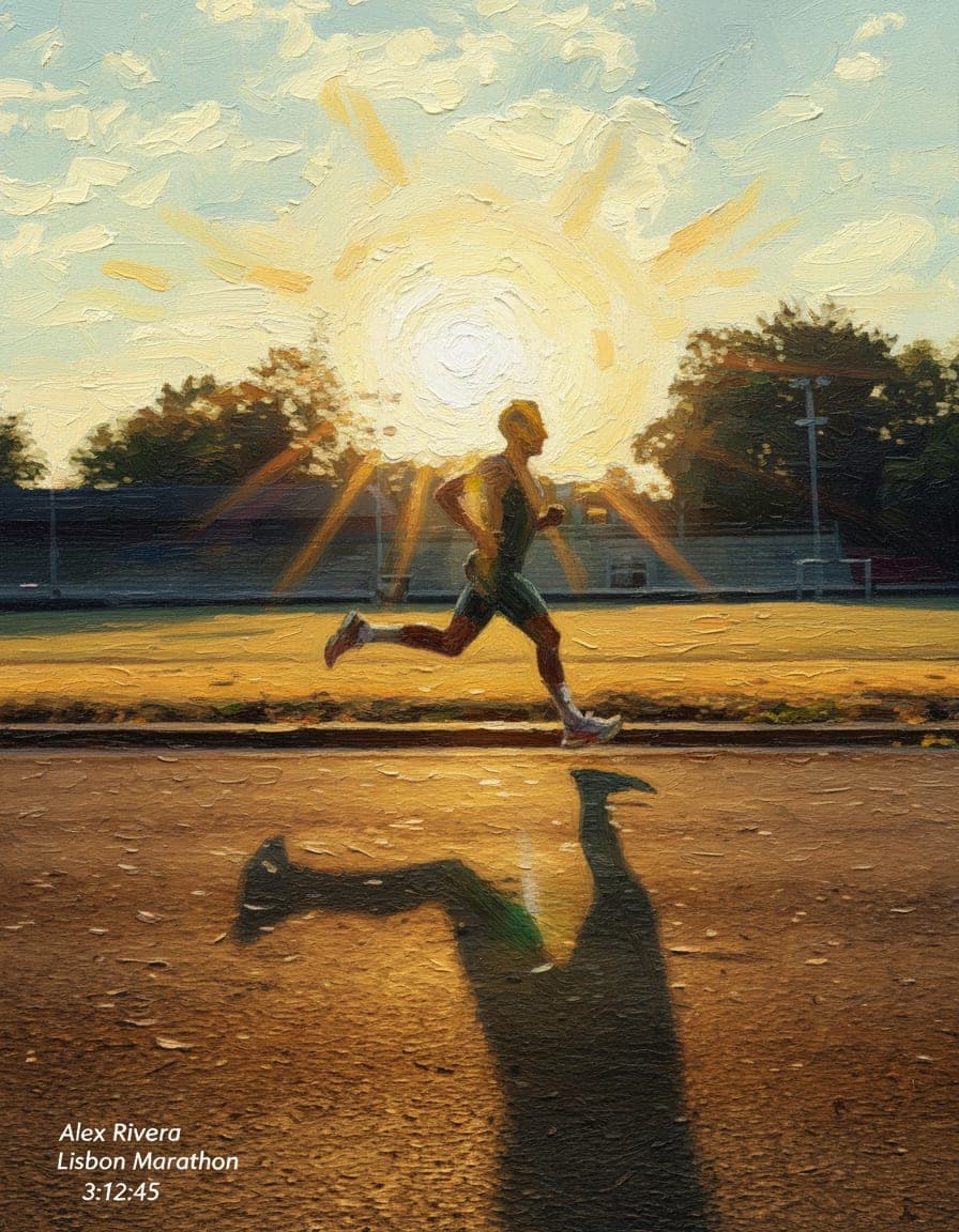 The same sample photo of a runner on a track, painted in oil impasto