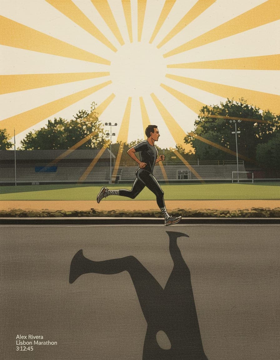 The same sample photo of a runner on a track, painted in woodblock